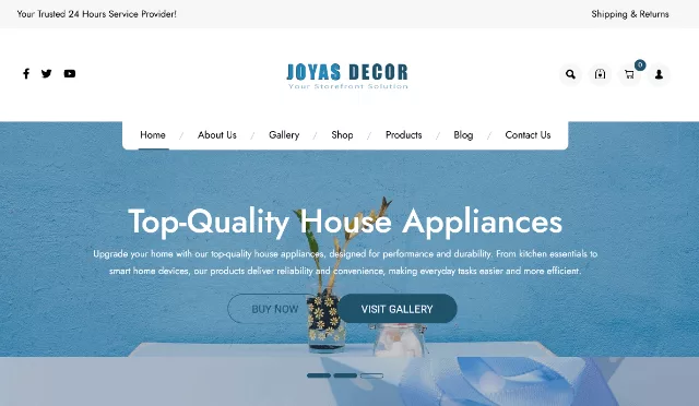 Joyas Shop WordPress theme preview with a clean, elegant homepage, product carousel, and modern shopping layout for luxury items