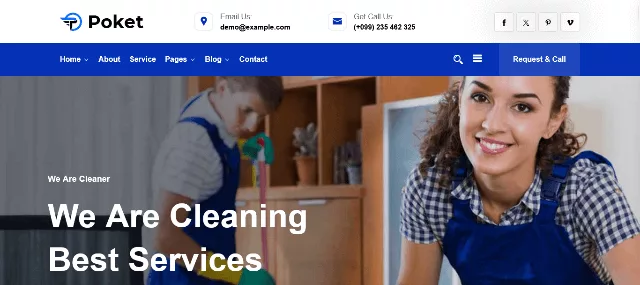 Poket business theme preview with modern layout, customizable headers and footers, and clean professional design