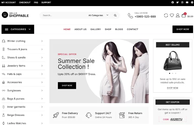 Demo view of Hello Shoppable, a free minimal WooCommerce theme with clean design and smooth shopping experience for online stores