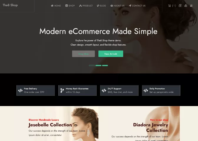 An excited guy exploring The8 Shop on his laptop, confidently discovering the best free WordPress store themes with joy.