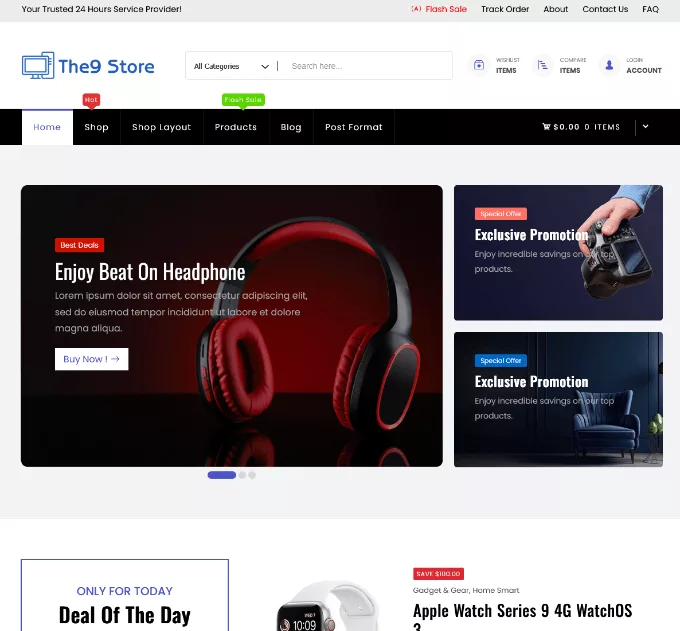 Take a look at this new preview of The9 Store — a free and flexible WooCommerce WordPress theme built for all kinds of online stores