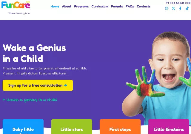 A energetic preview of the FunCare theme, perfect for elementary schools and creative kid spaces!