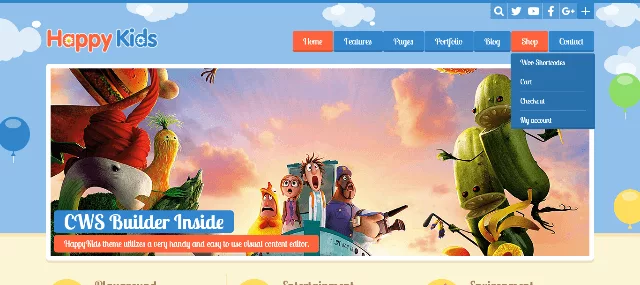 Bright homepage layout of the Happy Kids Elementor theme for fun daycare and kindergarten sites!