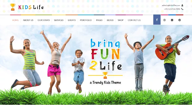 Colorful, upbeat homepage preview of the Kids Life WordPress theme!