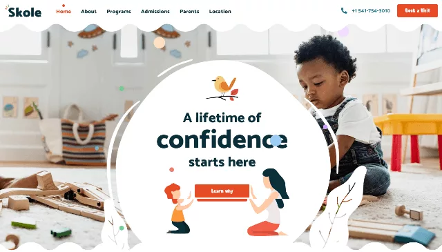 Skole homepage preview showcasing a colorful, playful, and child-friendly WordPress design layout