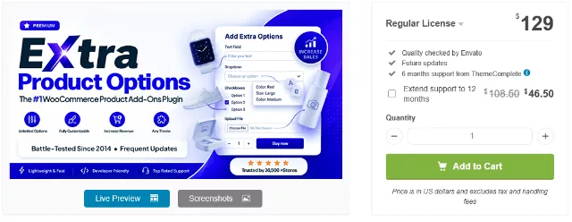 Screenshot of Product Options Add-Ons WordPress plugin dashboard showing custom field builder and pricing settings for WooCommerce products