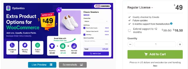 Optiontics preview showing product file upload field for WooCommerce with drag-and-drop design upload interface
