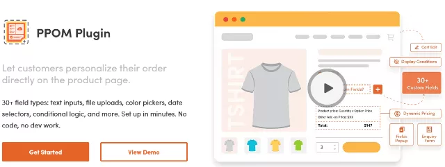 PPOM product extra fields interface showing custom WooCommerce options and add-ons on a product page