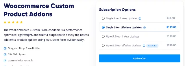 WooCommerce Custom Product Addons form builder interface with drag-and-drop fields and live pricing options