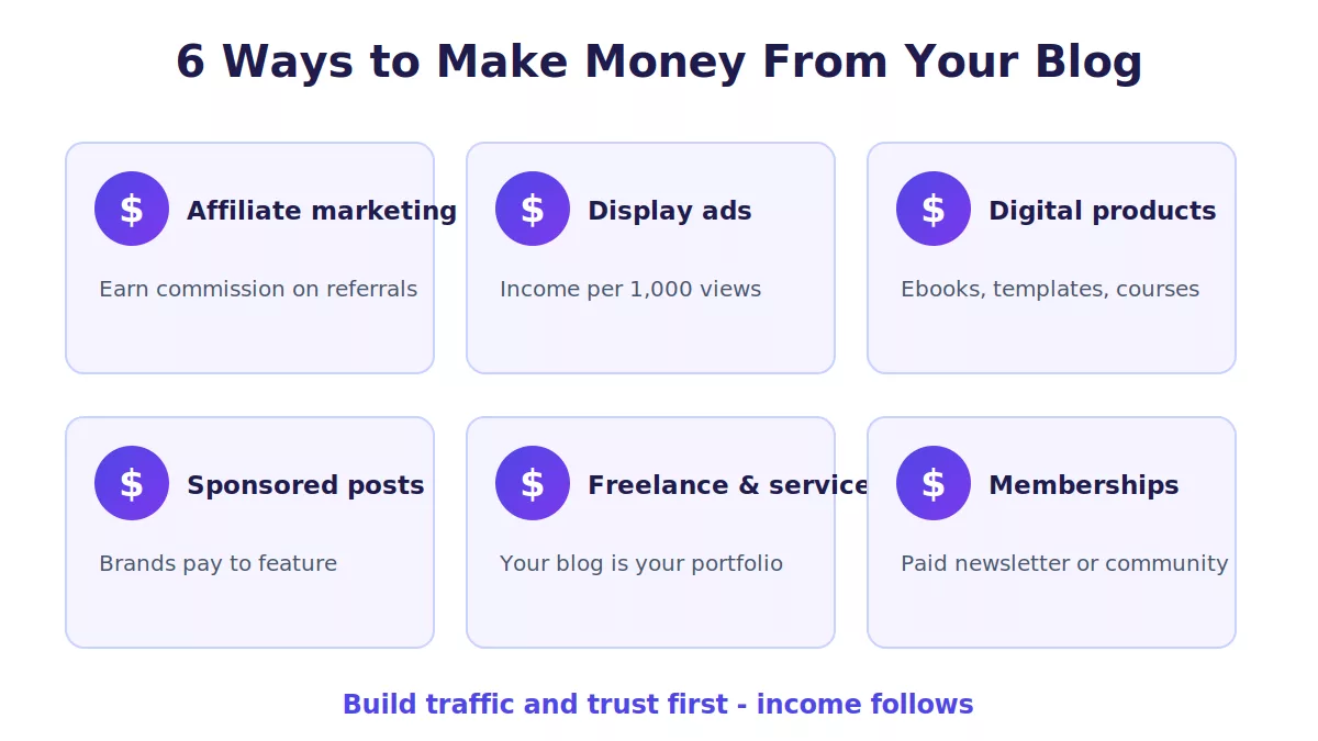 Six ways to make money from a blog: affiliate, ads, digital products, sponsored posts, services and memberships