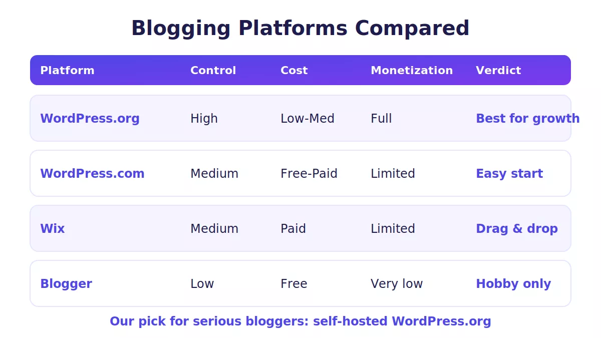Comparison chart of WordPress.org, WordPress.com, Wix and Blogger for blogging