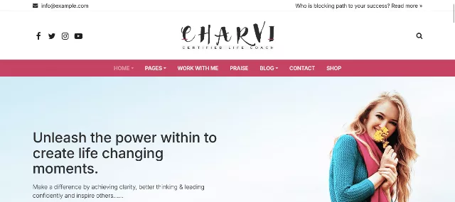 Charvi coach and consulting feminine business WordPress theme with elegant content blocks