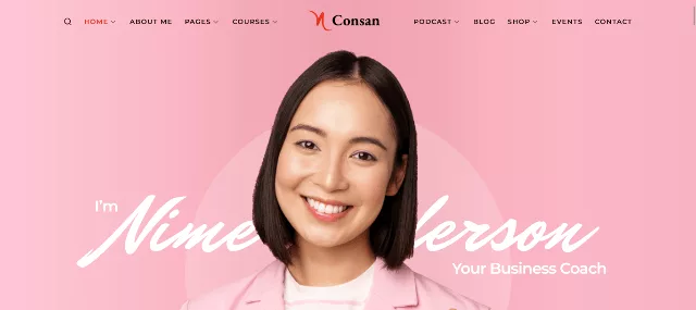 Consan feminine coaching WordPress theme with Elementor widgets and warm color palette
