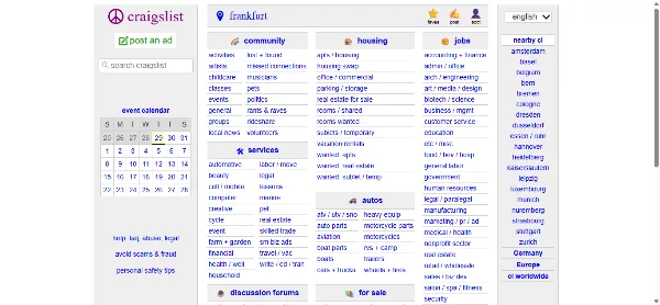 Craigslist.org plain text classifieds layout example of popular websites with bad design