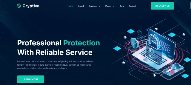 Cryptiva cyber security services Gutenverse FSE WordPress block theme homepage with block patterns