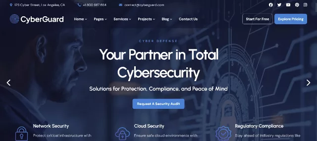 CyberGuard cyber security services WordPress theme homepage preview with dark blue hero and Elementor sections