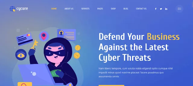 Cycure cyber security services WordPress theme demo showing IT security services and risk compliance sections