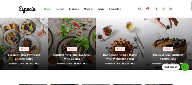 Especio Gutenberg food blog WordPress theme with clean recipe post layout