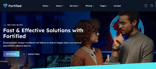 Fortified IT and cyber security WordPress theme with services and pricing plan layouts