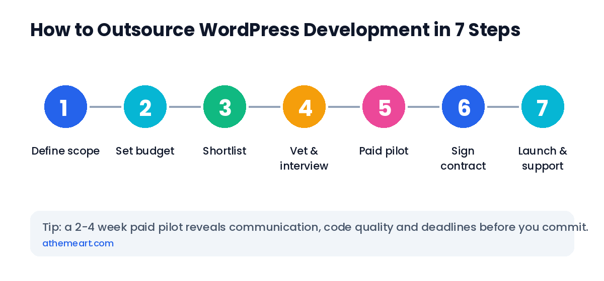 7-step process to outsource WordPress development: define scope, set budget, shortlist, vet, paid pilot, sign contract, launch and support