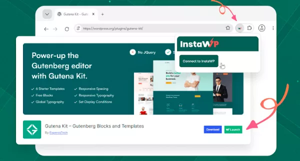 InstaWP Launcher button on a WordPress.org theme page used to create a test WordPress site