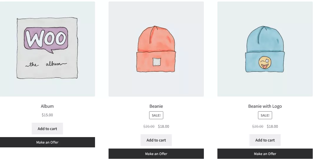 WooCommerce shop grid with Make an Offer buttons displayed under Album, Beanie and Beanie with Logo products