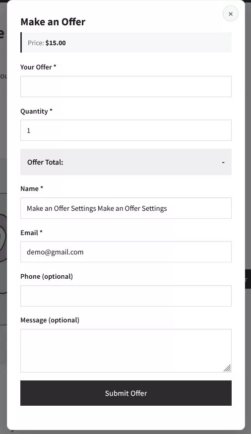 Make an Offer popup form showing listed price, your offer field, quantity, live offer total, name, email, phone, and message fields