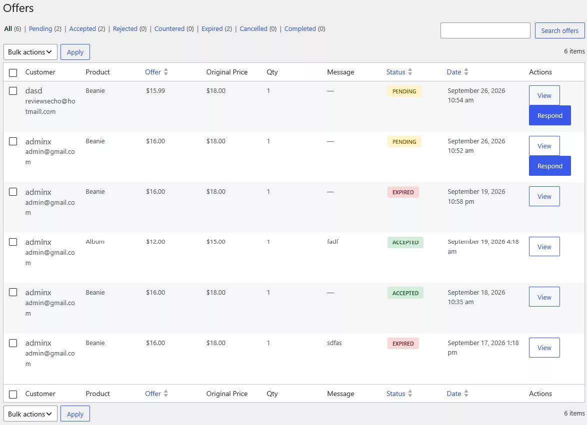 Offers dashboard listing customer, product, offer price, original price, quantity, message, status and date with status filter links and bulk actions