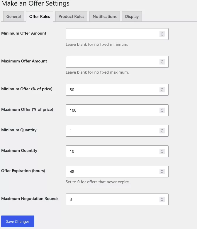 Offer Rules settings with minimum offer amount, maximum offer amount, minimum and maximum percent of price, quantity limits, expiration hours and maximum negotiation rounds