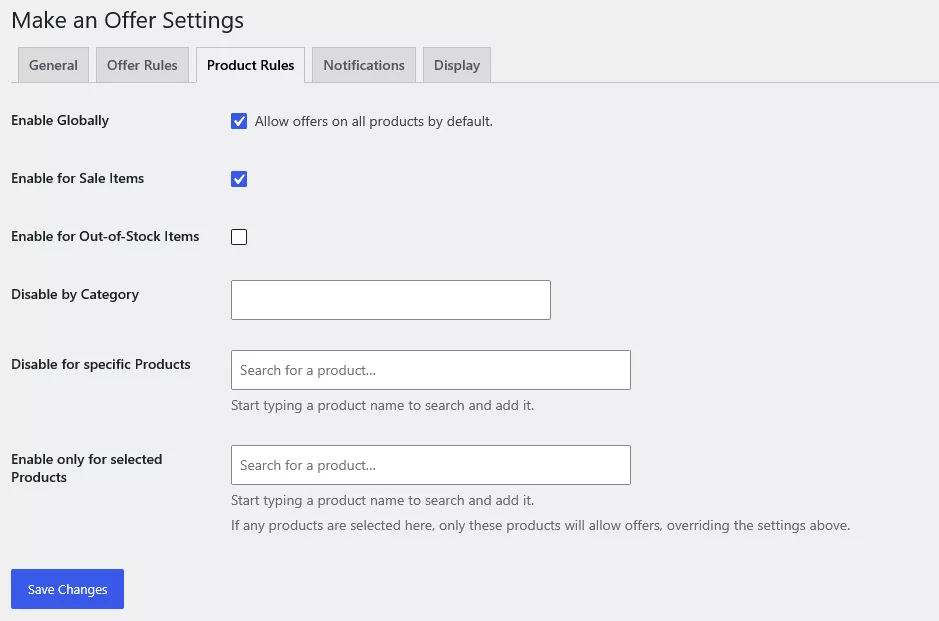 Product Rules tab with options to enable globally, enable for sale items, enable for out of stock items, disable by category, disable for specific products and enable only for selected products