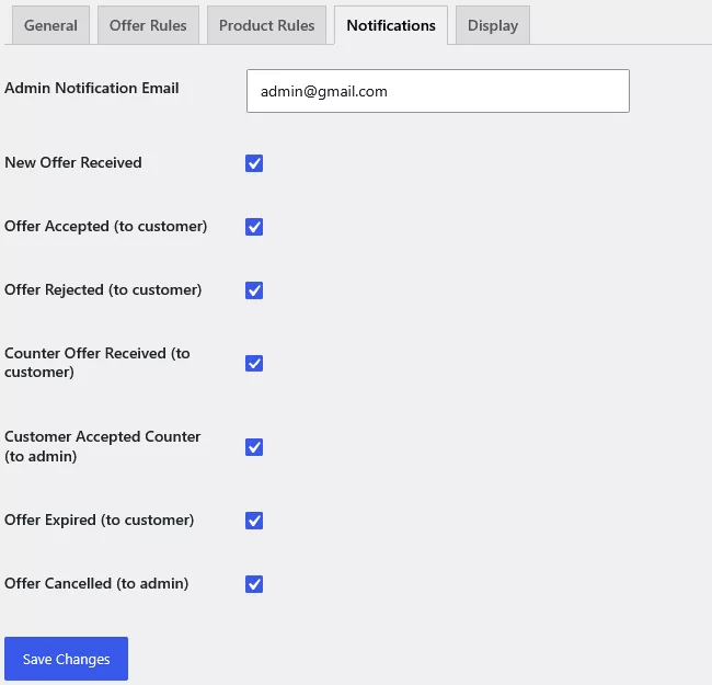 Notifications tab with admin email field and checkboxes for new offer, accepted, rejected, counter offer, customer accepted counter, expired and cancelled events