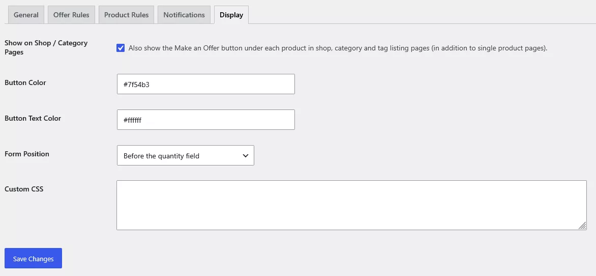 Display settings with option to show make an offer button on shop and category pages, button color, button text color, form position dropdown and custom CSS field