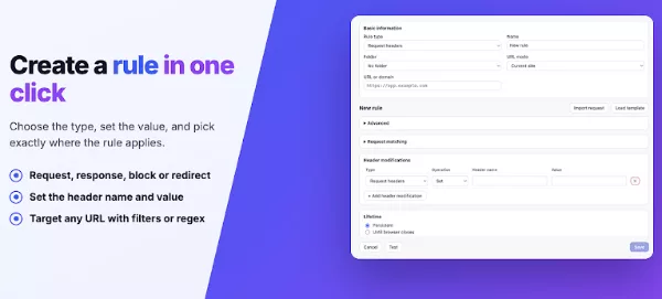 ModHeader Chrome extension with request header and response header rows