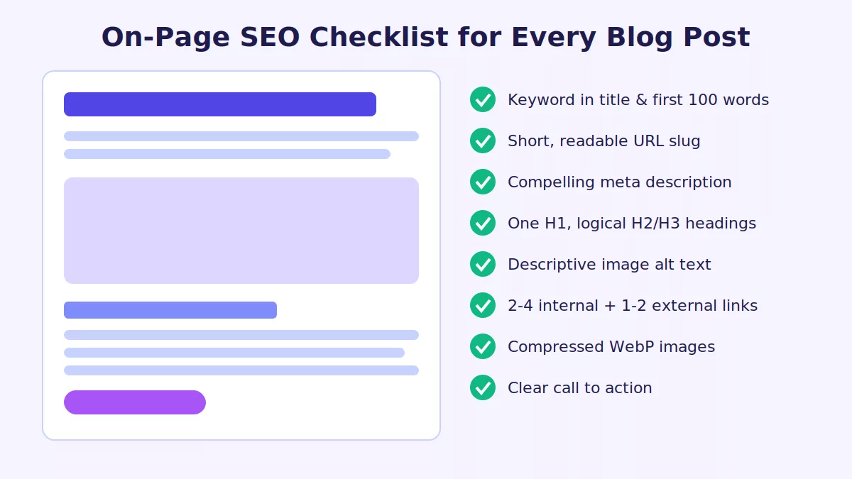 On-page SEO checklist for blog posts including title, headings, alt text and links