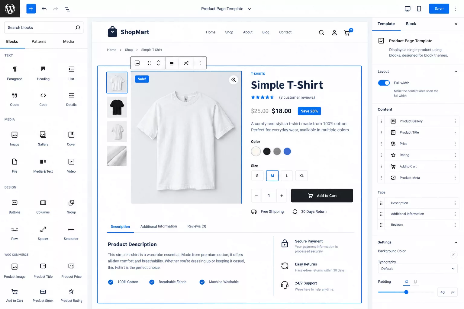 WooCommerce product page template edited with blocks in a WordPress block theme