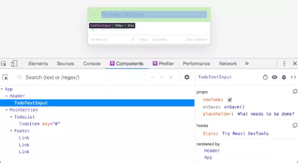 React Developer Tools Chrome extension showing the component tree and props panel