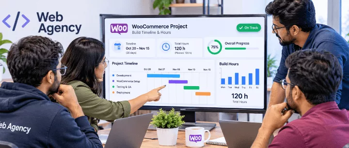 Web agency team reviewing a WooCommerce project timeline and build hours on a dashboard