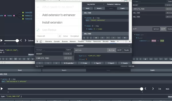Redux DevTools Chrome extension showing an action log and state diff