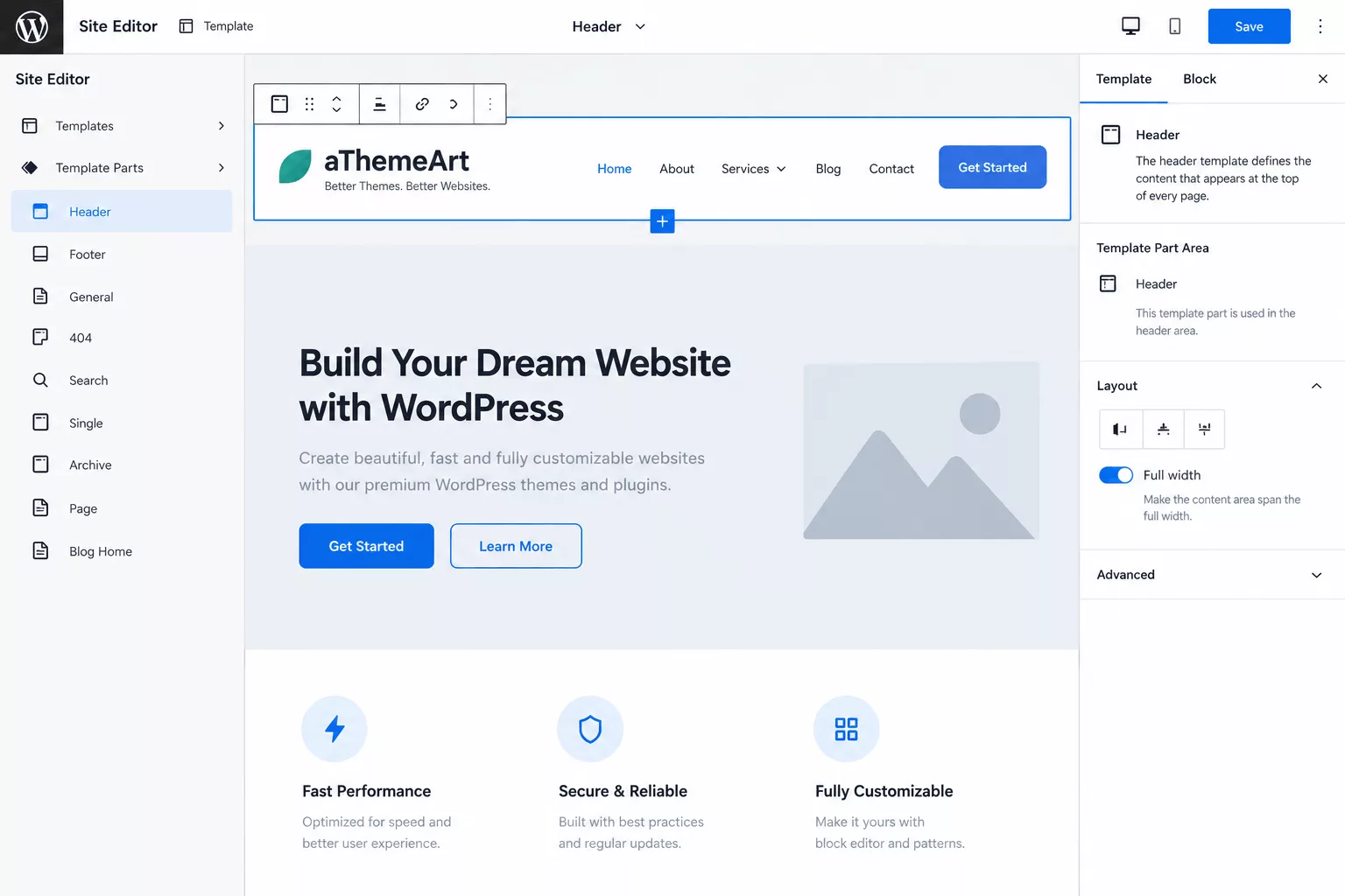 WordPress Site Editor showing a block theme header template being edited with blocks