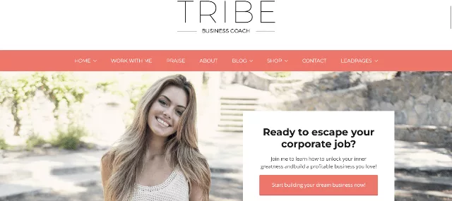 Tribe feminine coach WordPress theme homepage with opt-in block and soft pastel layout