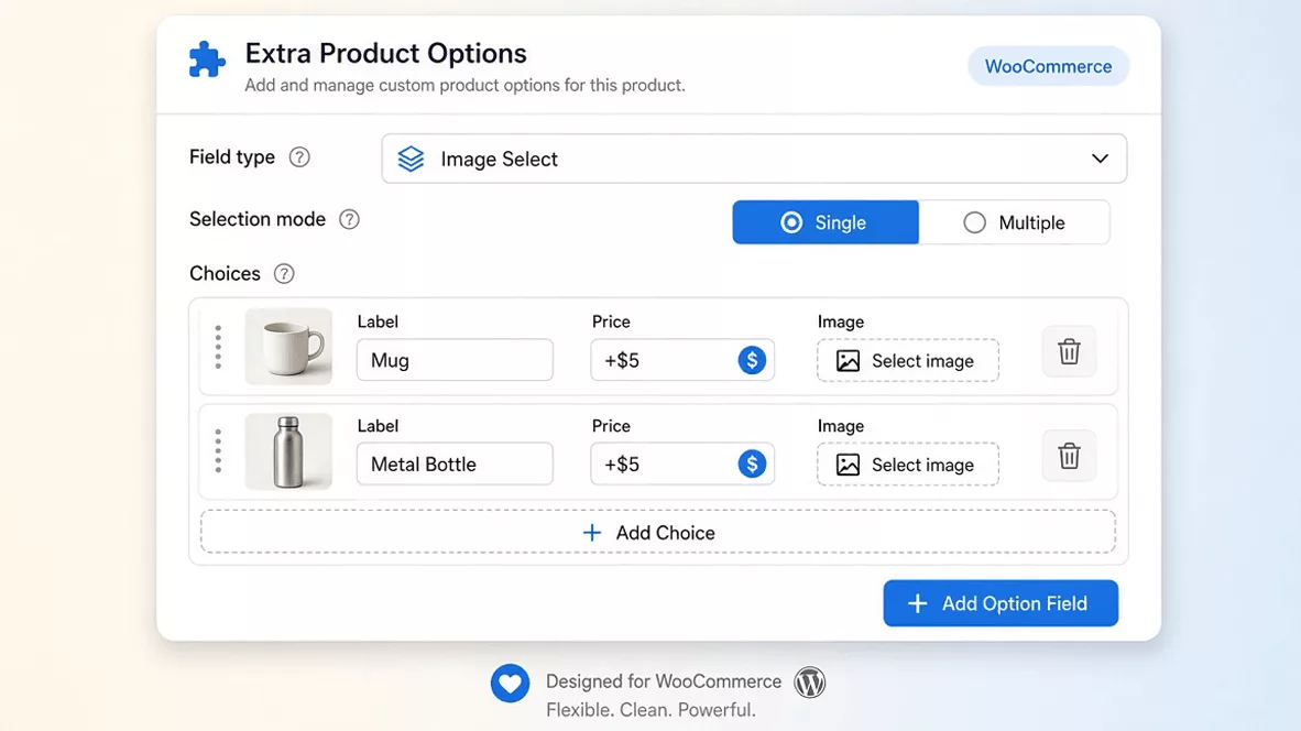 WooCommerce custom product fields plugin showing the Image Select field type with priced choices