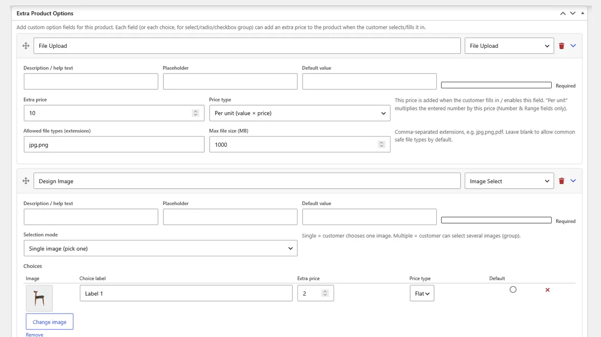Image Select and File Upload settings in the WooCommerce extra product options editor
