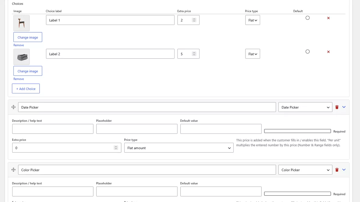 Date picker, colour picker and image choices configured in WooCommerce product custom fields