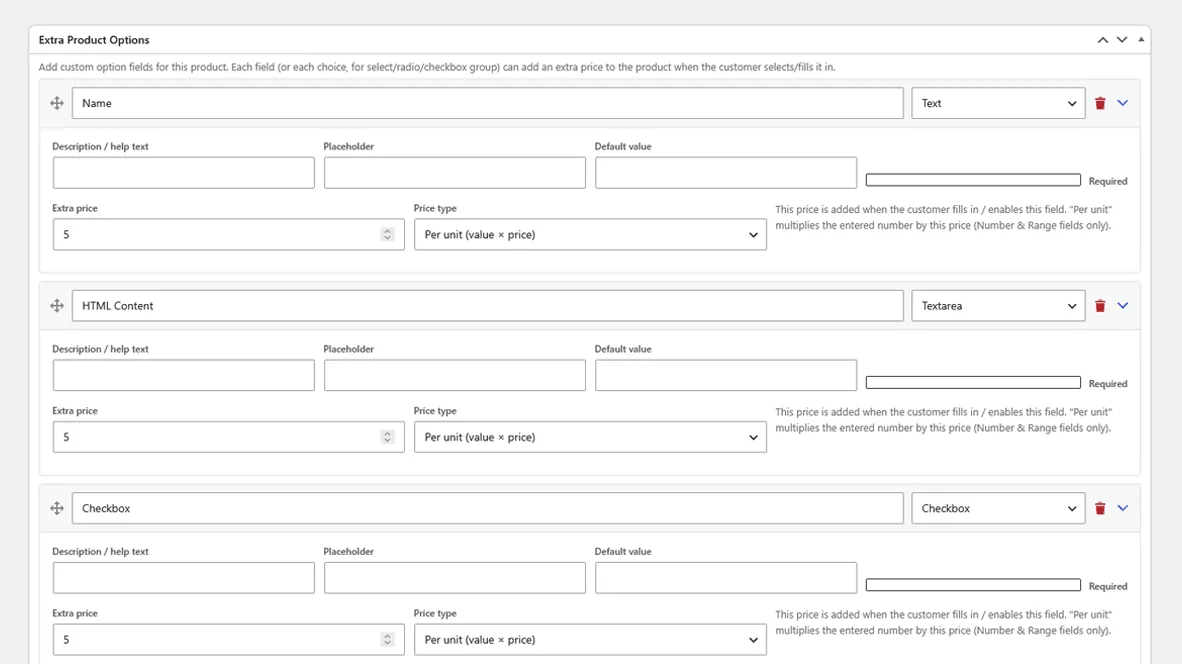 Extend Product Options box on the WooCommerce product edit screen listing custom product fields