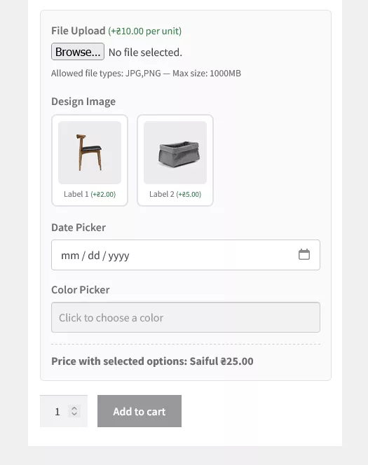 WooCommerce product page with custom fields showing engraving text, gift wrap, colour swatches and live price