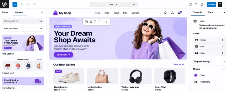 WordPress Site Editor showing a WooCommerce shop template built with reusable block patterns