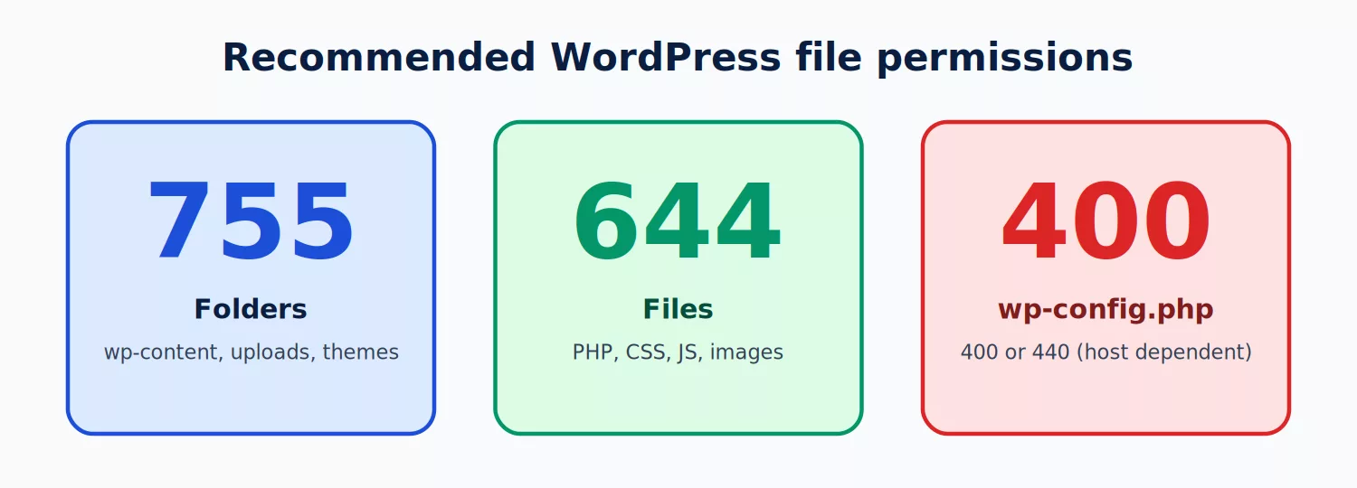Recommended WordPress file permissions: 755 folders, 644 files, 400 or 440 for wp-config.php