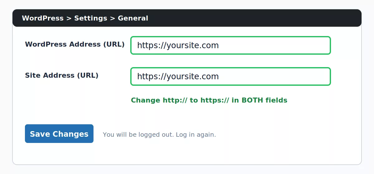 WordPress Settings General screen with WordPress Address and Site Address set to https