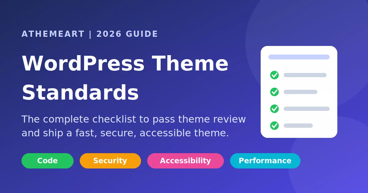 WordPress theme standards 2026 checklist covering code, security, accessibility and performance