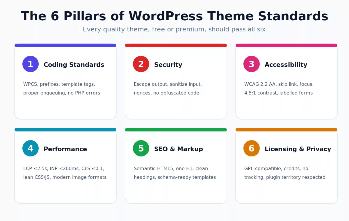 The six pillars of WordPress theme standards: coding, security, accessibility, performance, SEO and licensing